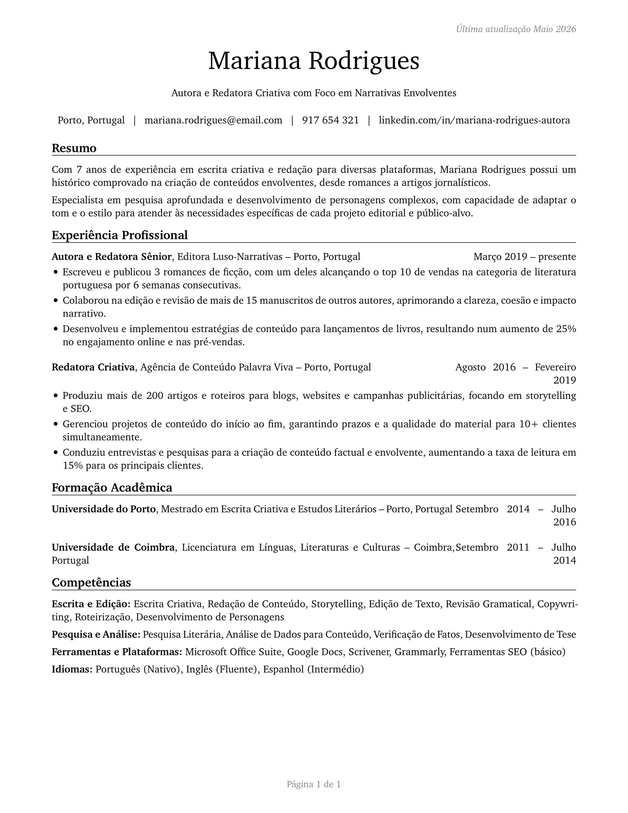 Writers and Authors CV in Portuguese — page 1