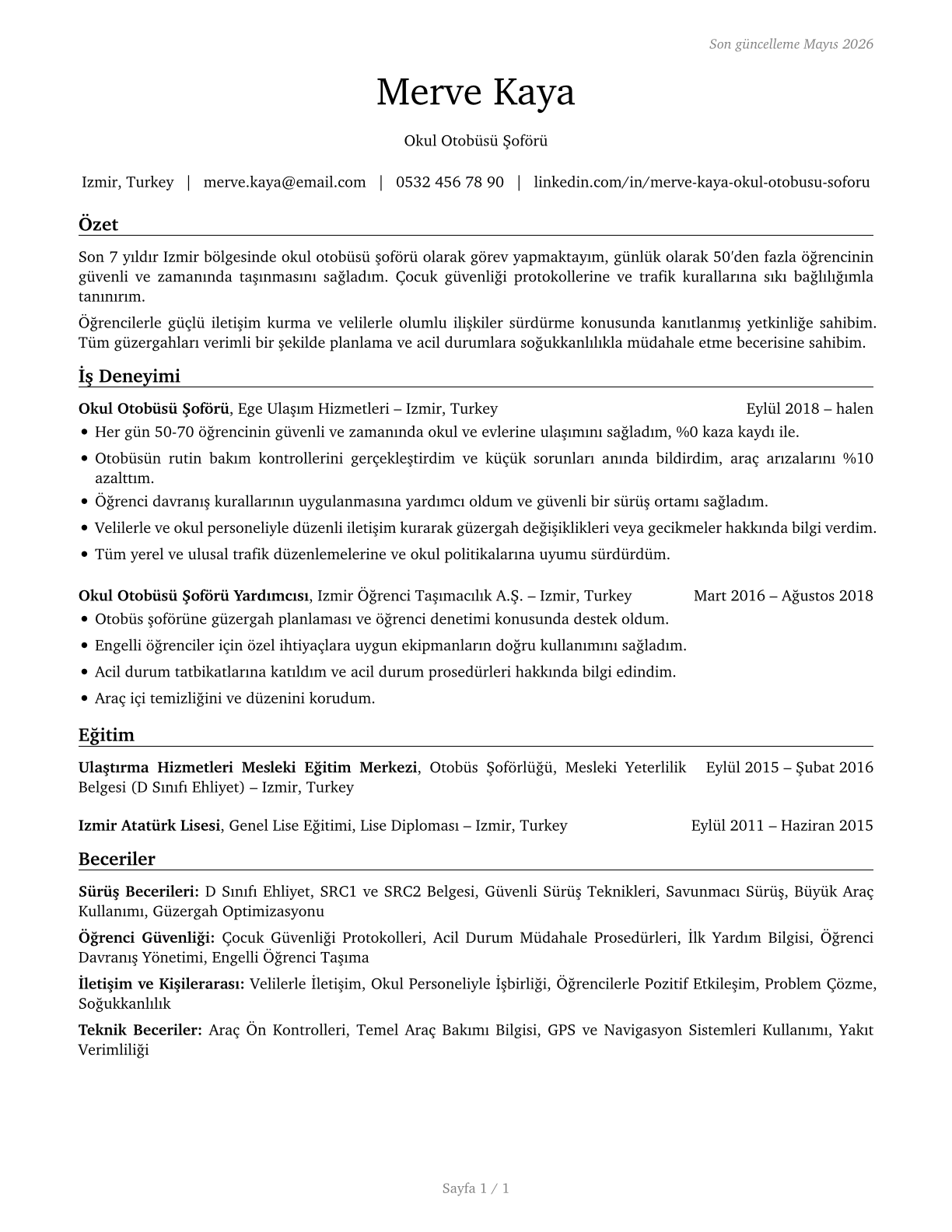 Bus Drivers, School CV in Turkish — page 1