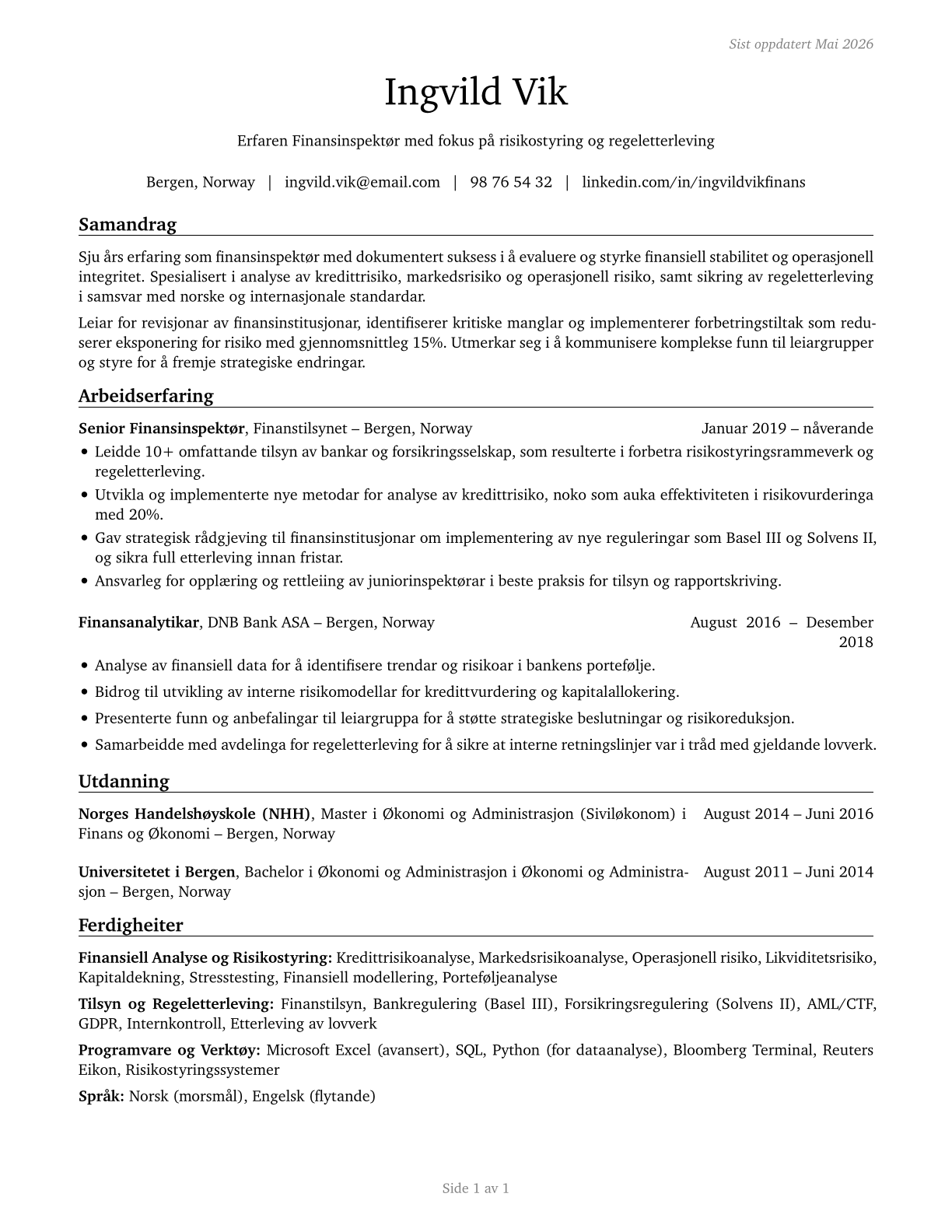 Financial Examiners CV in Norwegian_nynorsk — page 1
