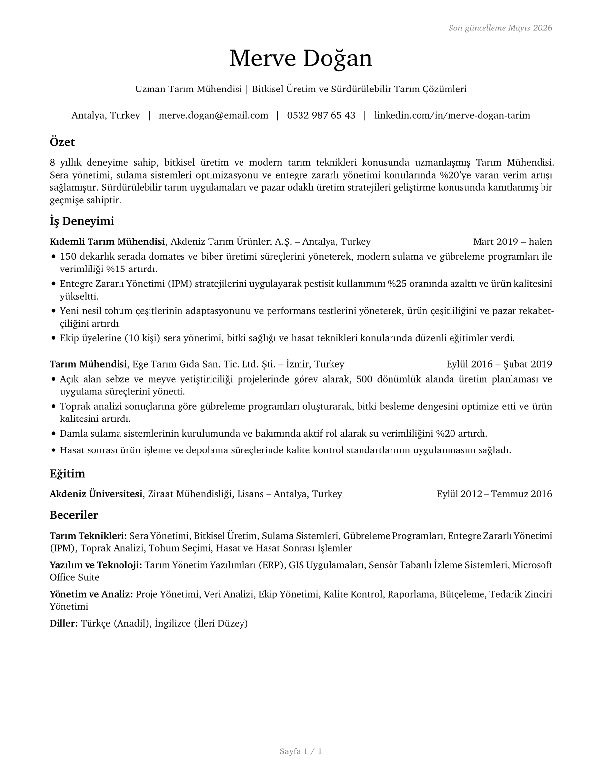 Agricultural Engineers CV in Turkish — page 1