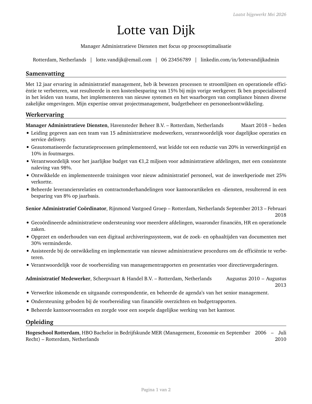 Administrative Services Managers CV in Dutch — page 1