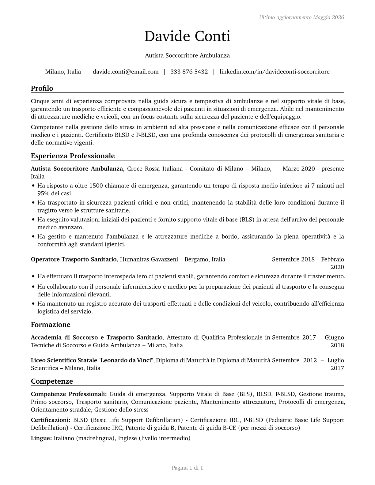 Ambulance Drivers and Attendants, Except Emergency Medical Technicians CV in Italian — page 1