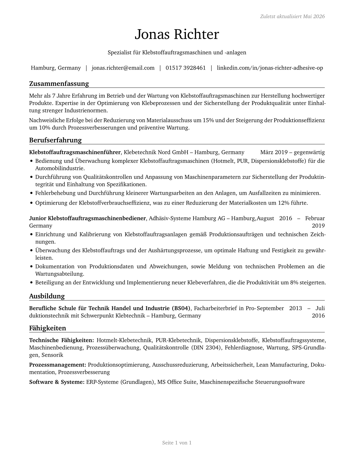Adhesive Bonding Machine Operators and Tenders CV in German — page 1