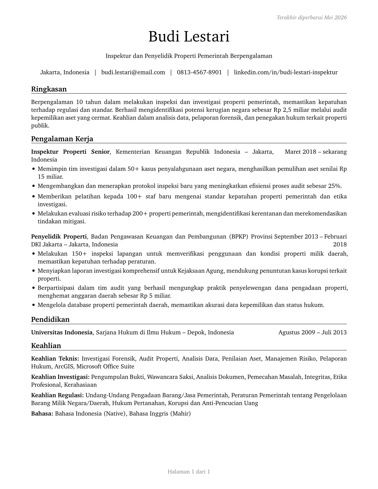 Government Property Inspectors and Investigators CV in Indonesian — page 1
