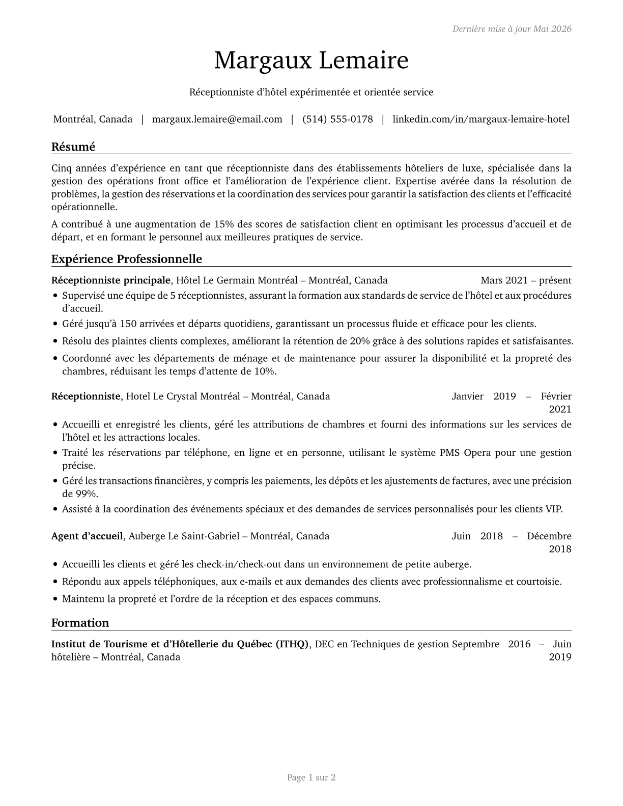 Hotel, Motel, and Resort Desk Clerks CV in French — page 1