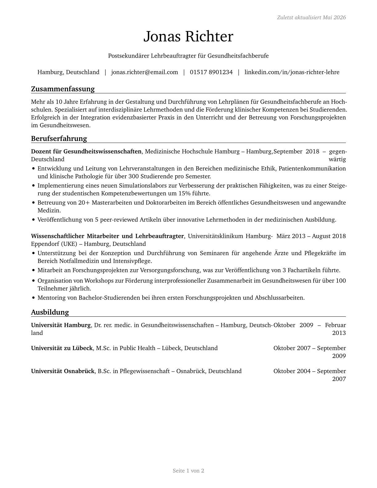 Health Specialties Teachers, Postsecondary CV in German — page 1
