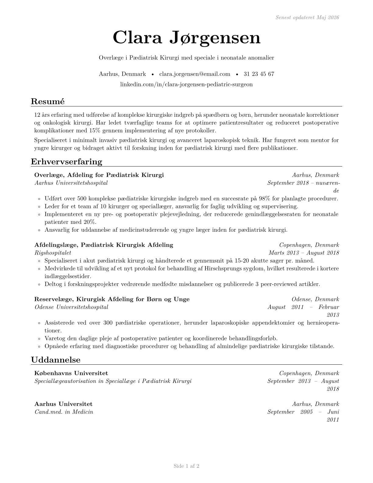 Pediatric Surgeons CV in Danish — page 1