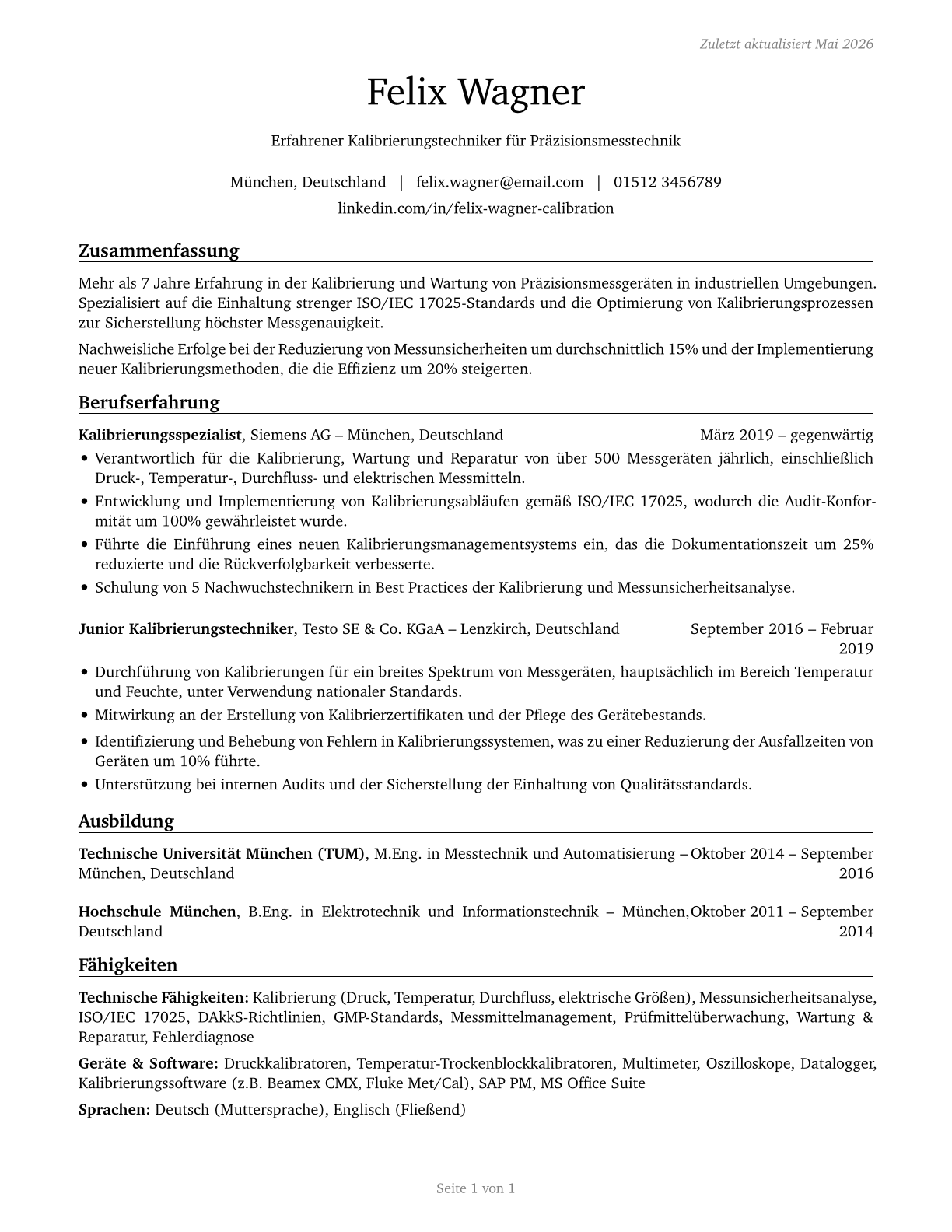 Calibration Technologists and Technicians CV in German — page 1