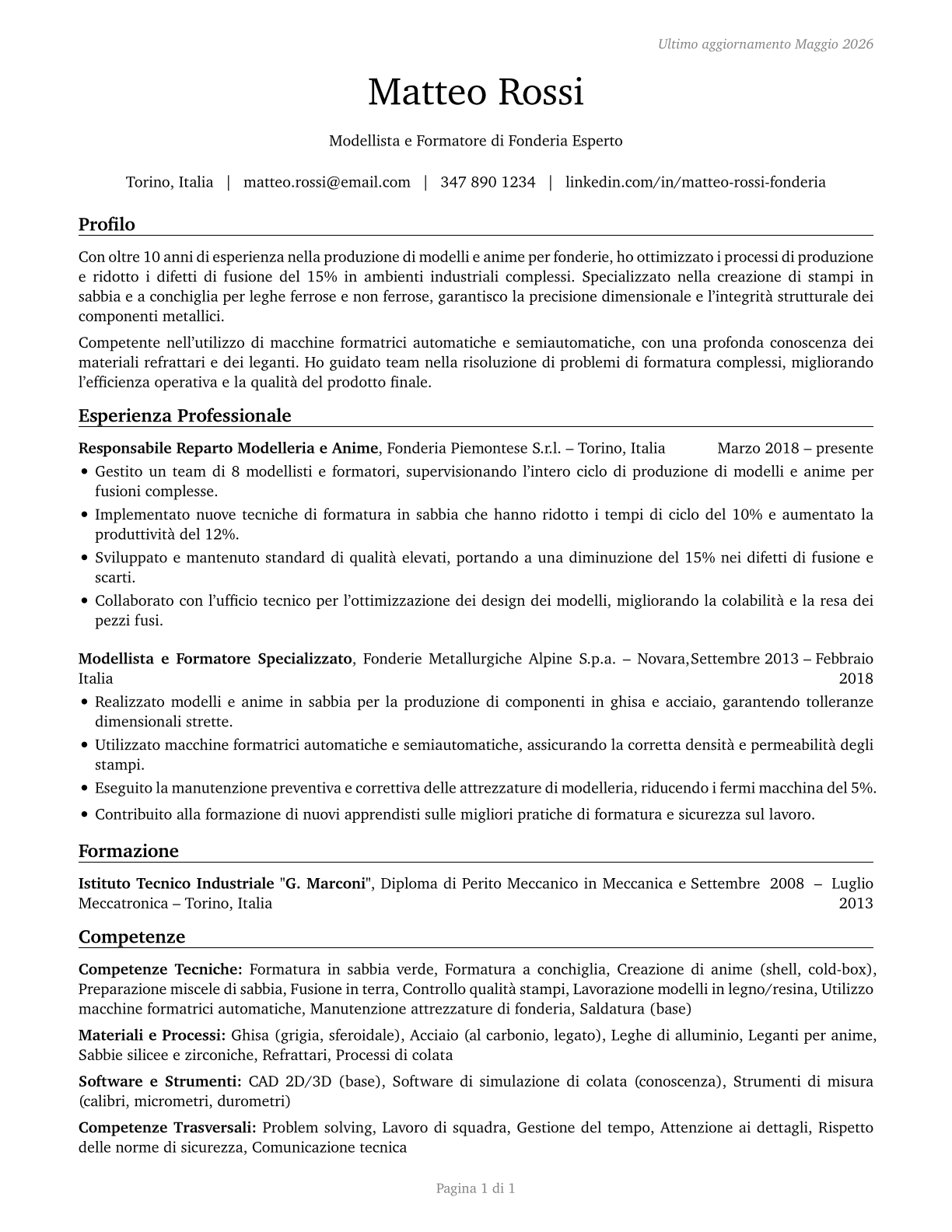 Foundry Mold and Coremakers CV in Italian — page 1