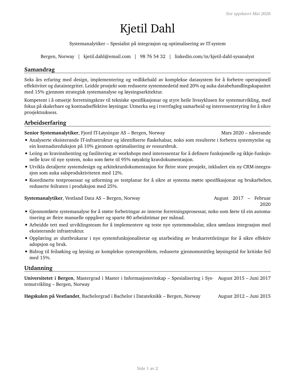 Computer Systems Analysts CV in Norwegian_nynorsk — page 1