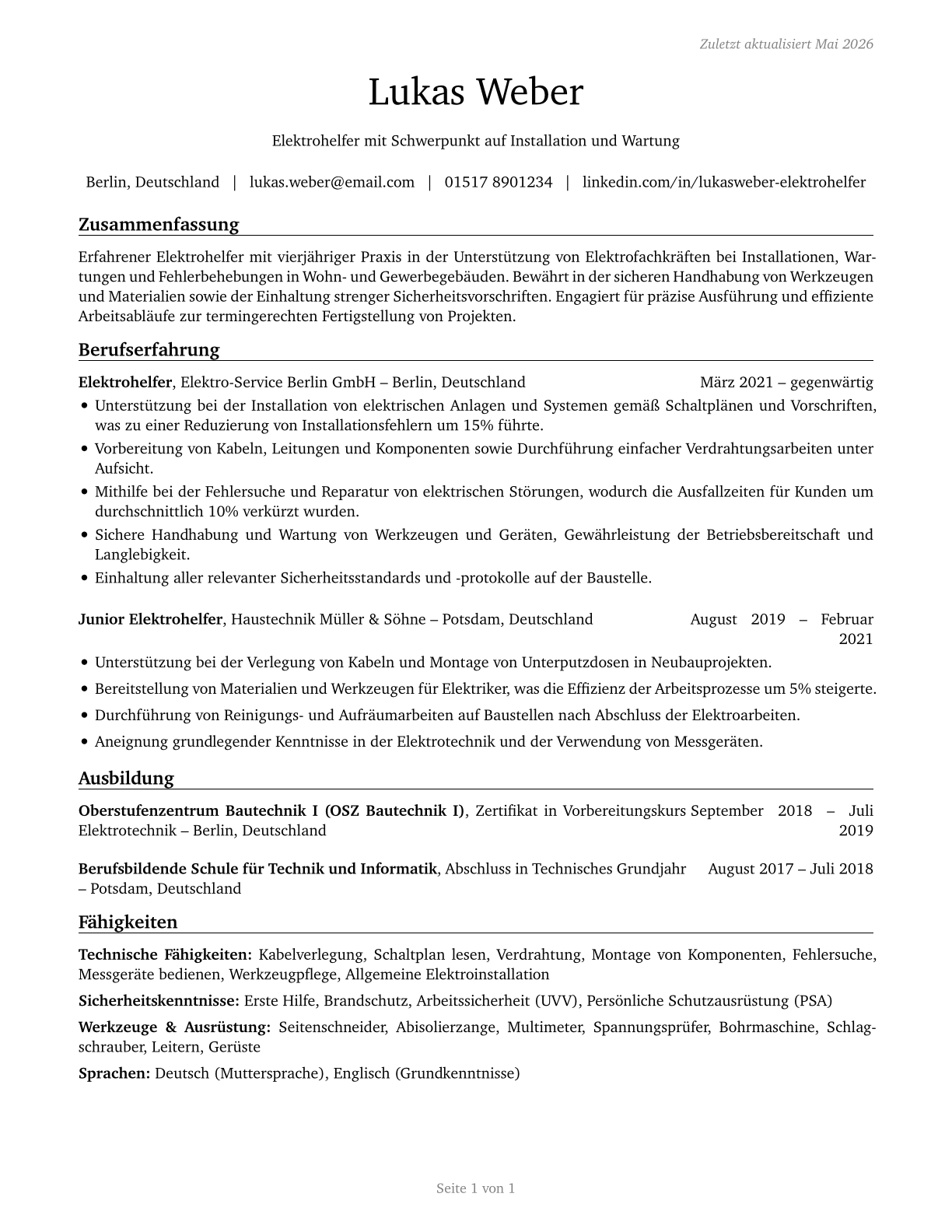 Helpers--Electricians CV in German — page 1