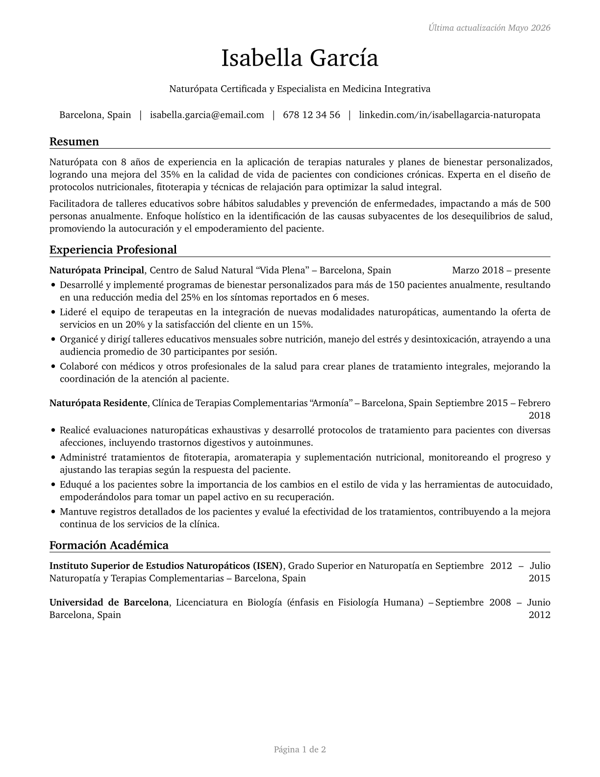 Naturopathic Physicians CV in Spanish — page 1