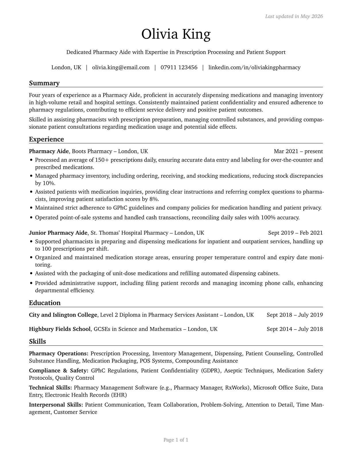 Pharmacy Aides CV in English — page 1