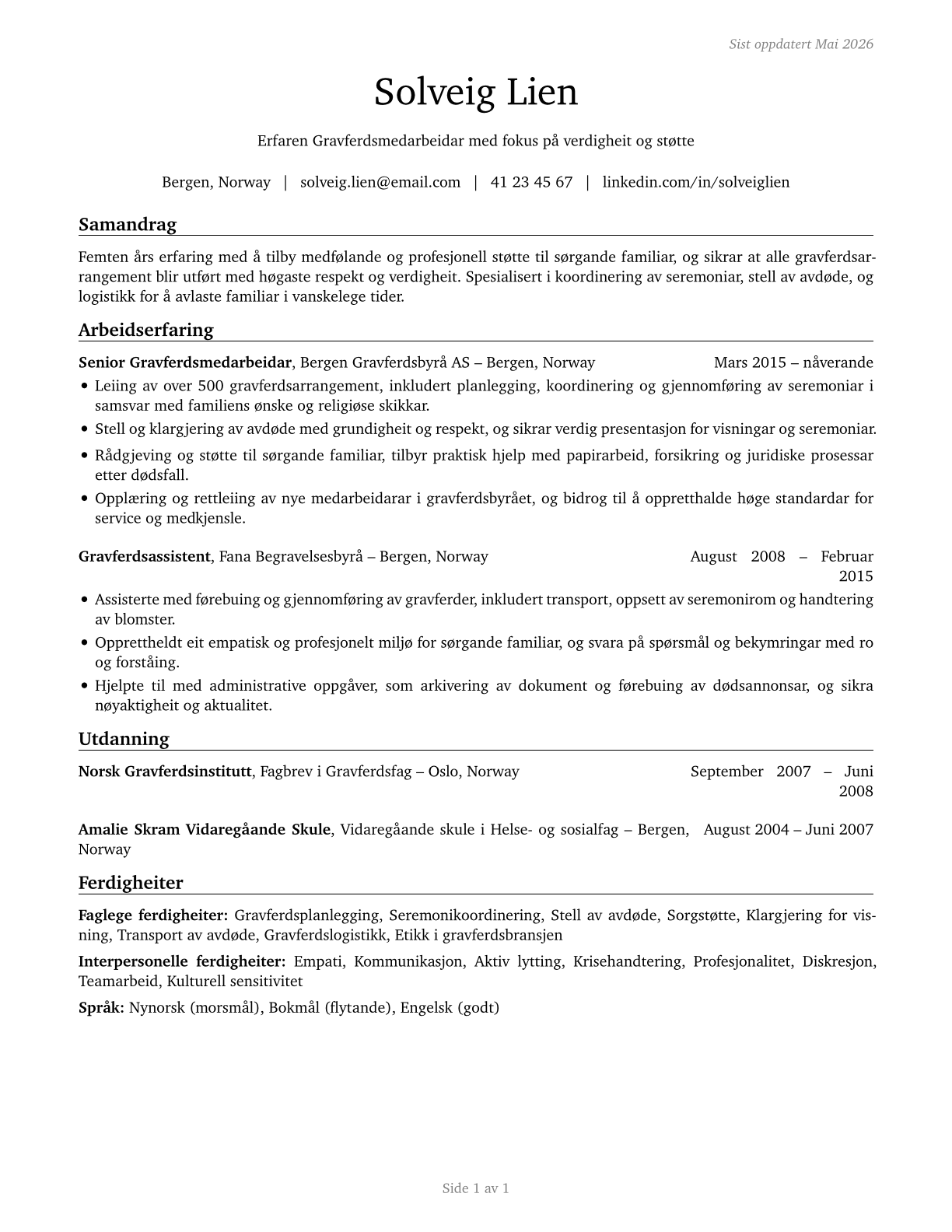 Funeral Attendants CV in Norwegian_nynorsk — page 1