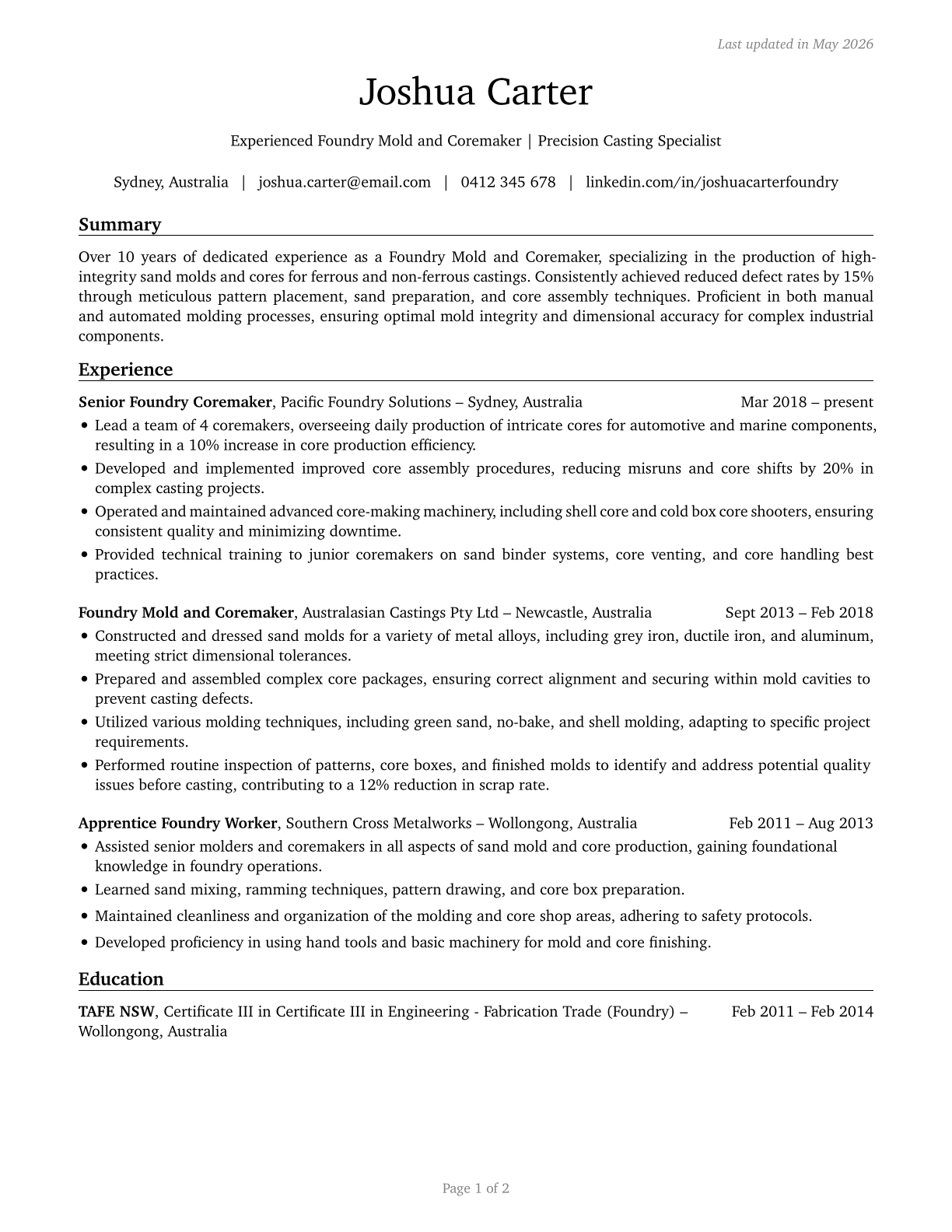 Foundry Mold and Coremakers CV in English — page 1