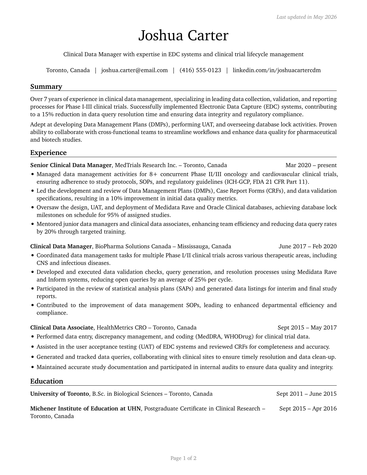 Clinical Data Managers CV in English — page 1