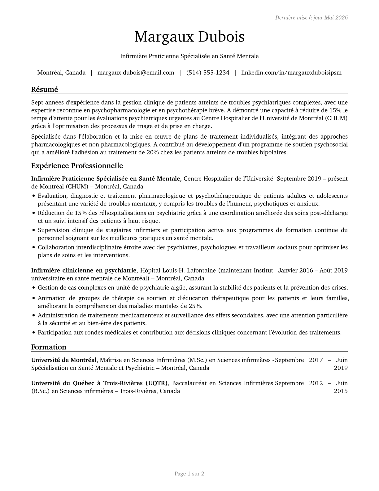 Advanced Practice Psychiatric Nurses CV in French — page 1
