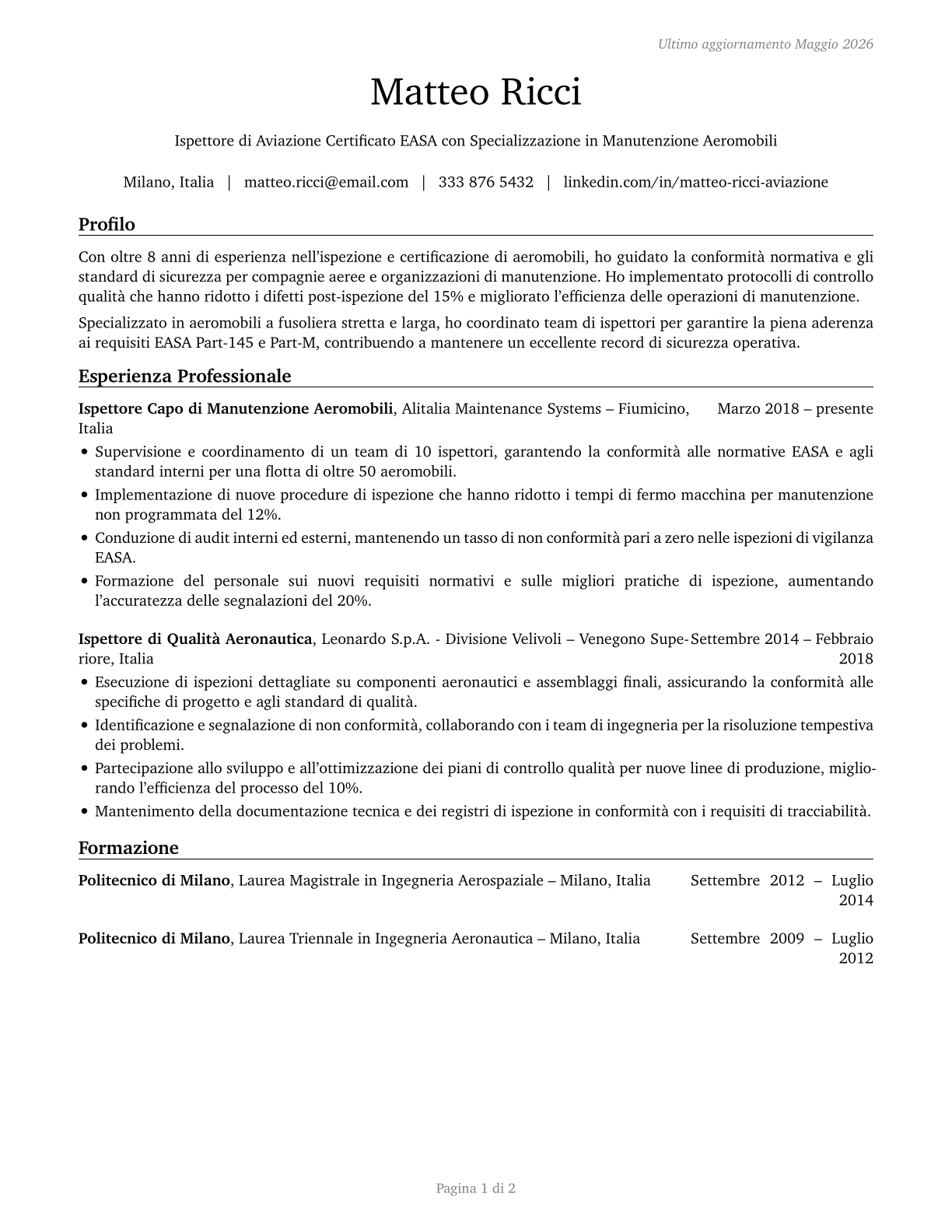 Aviation Inspectors CV in Italian — page 1