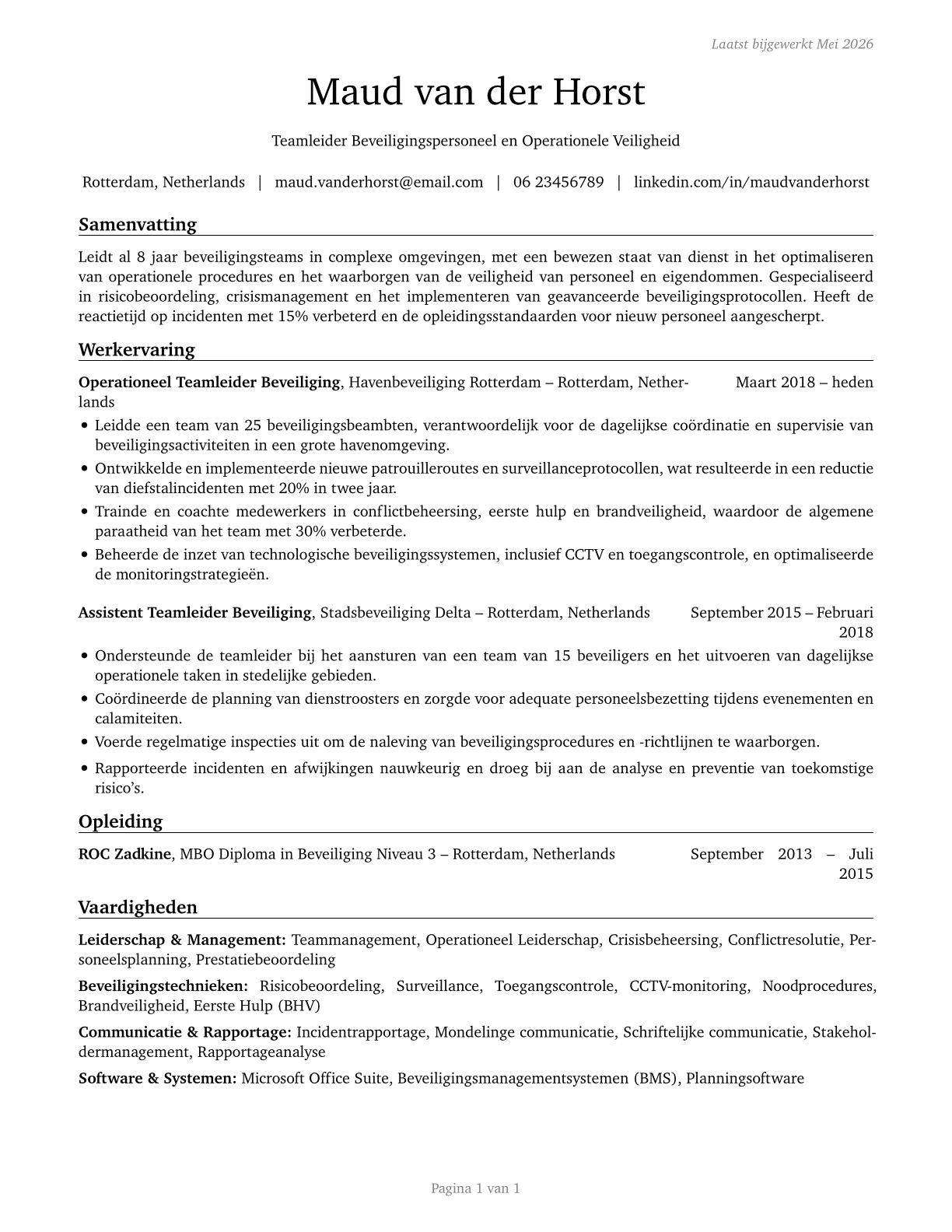 First-Line Supervisors of Protective Service Workers, All Other CV in Dutch — page 1