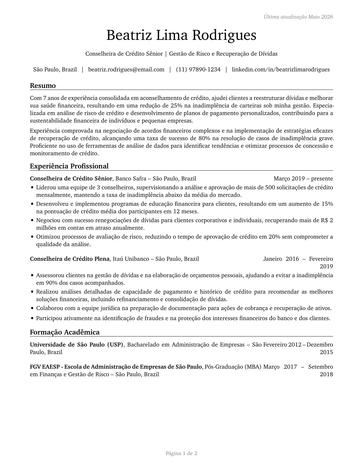 Credit Counselors CV in Portuguese — page 1