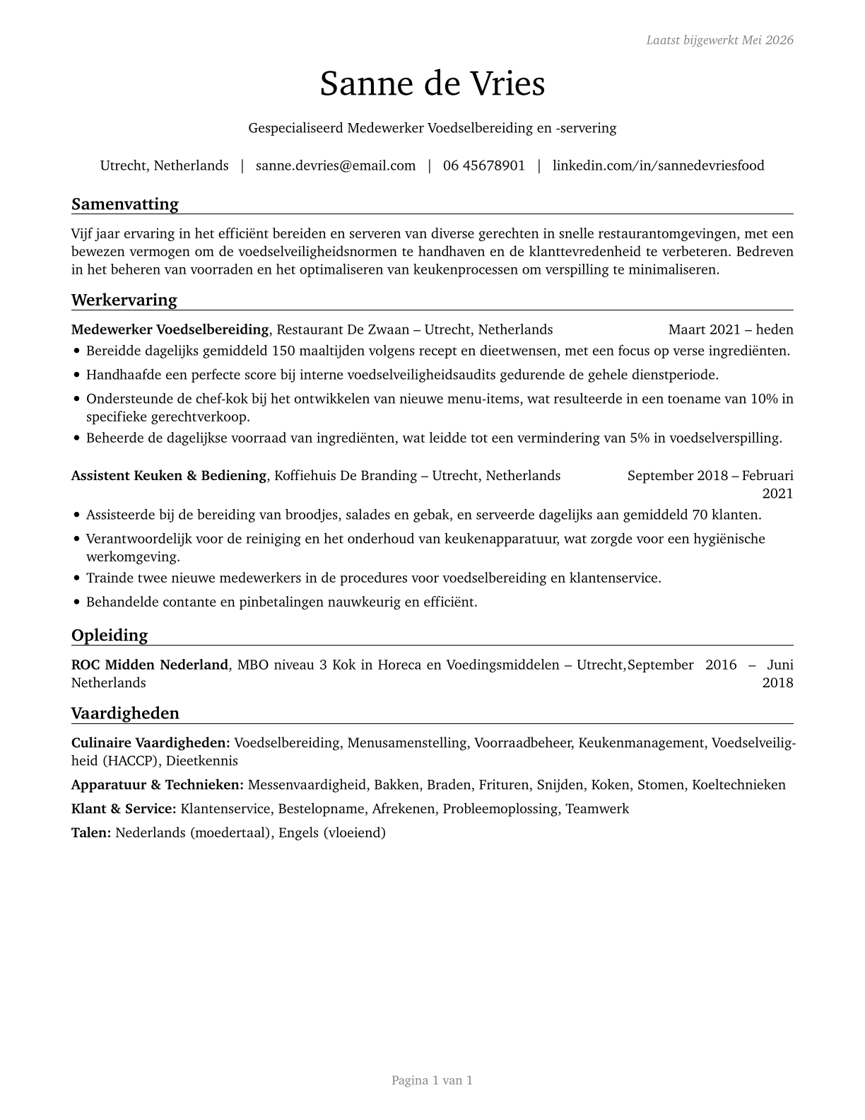 Food Preparation and Serving Related Workers, All Other CV in Dutch — page 1