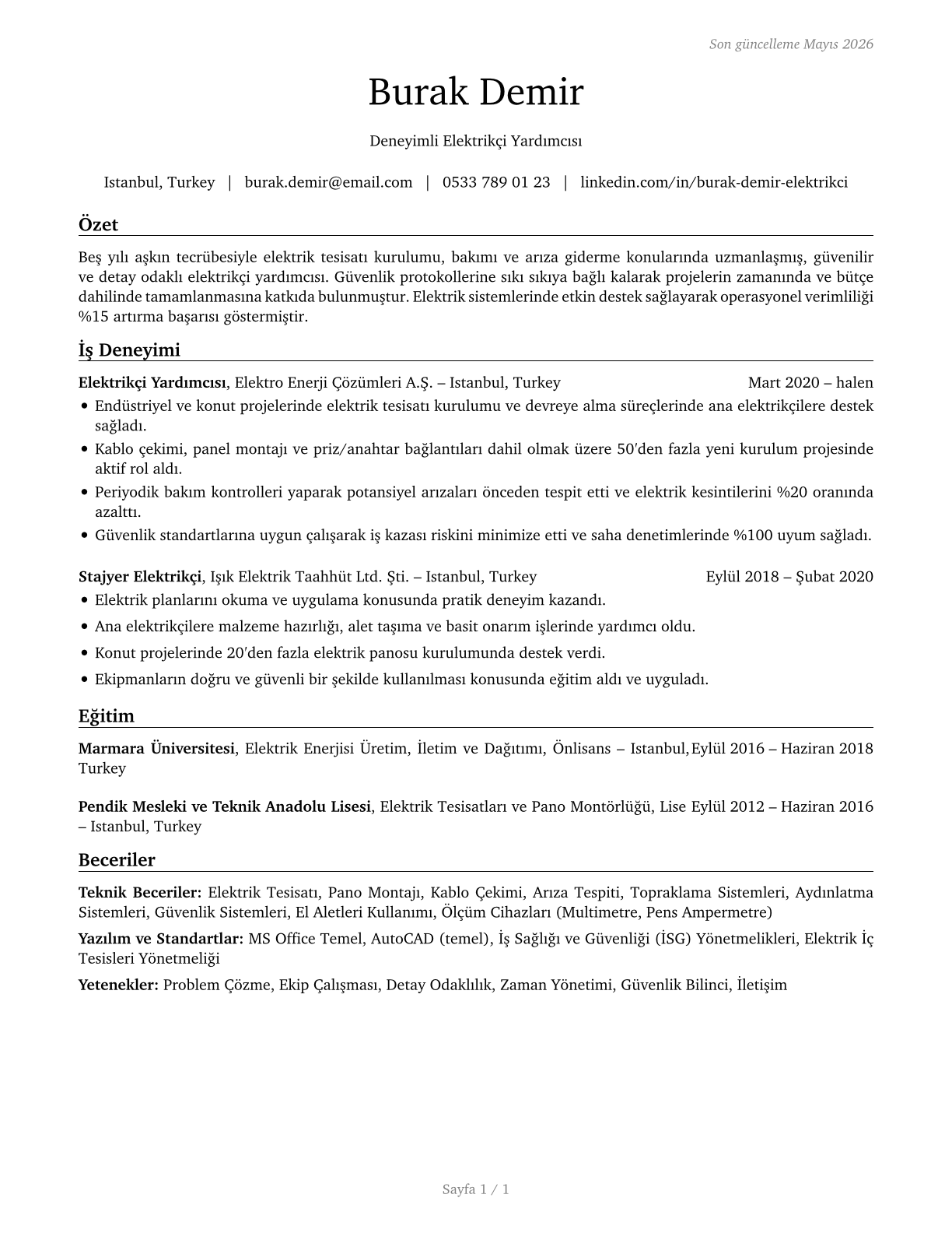 Helpers--Electricians CV in Turkish — page 1