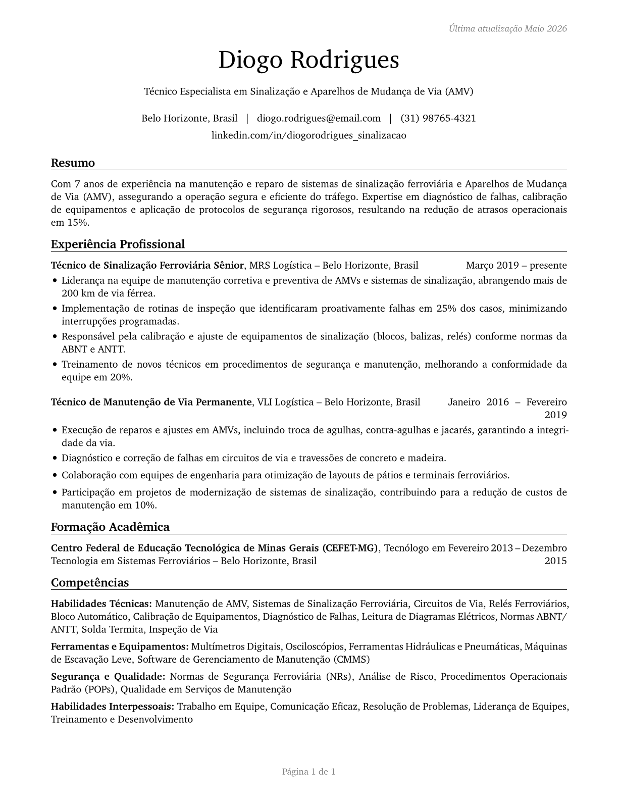 Signal and Track Switch Repairers CV in Portuguese — page 1
