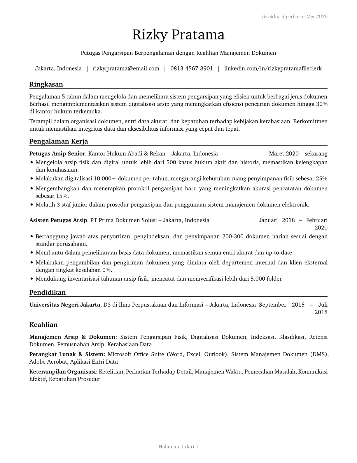 File Clerks CV in Indonesian — page 1