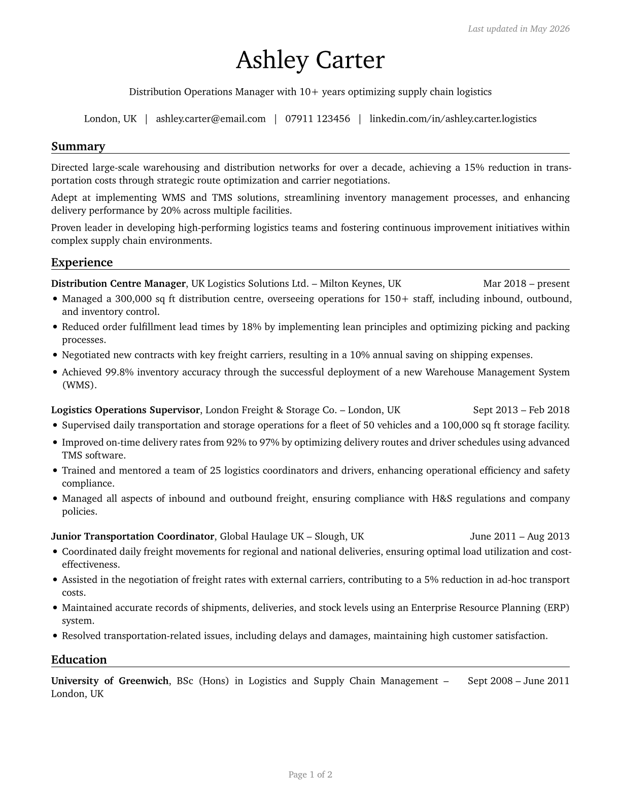 Transportation, Storage, and Distribution Managers CV in English — page 1