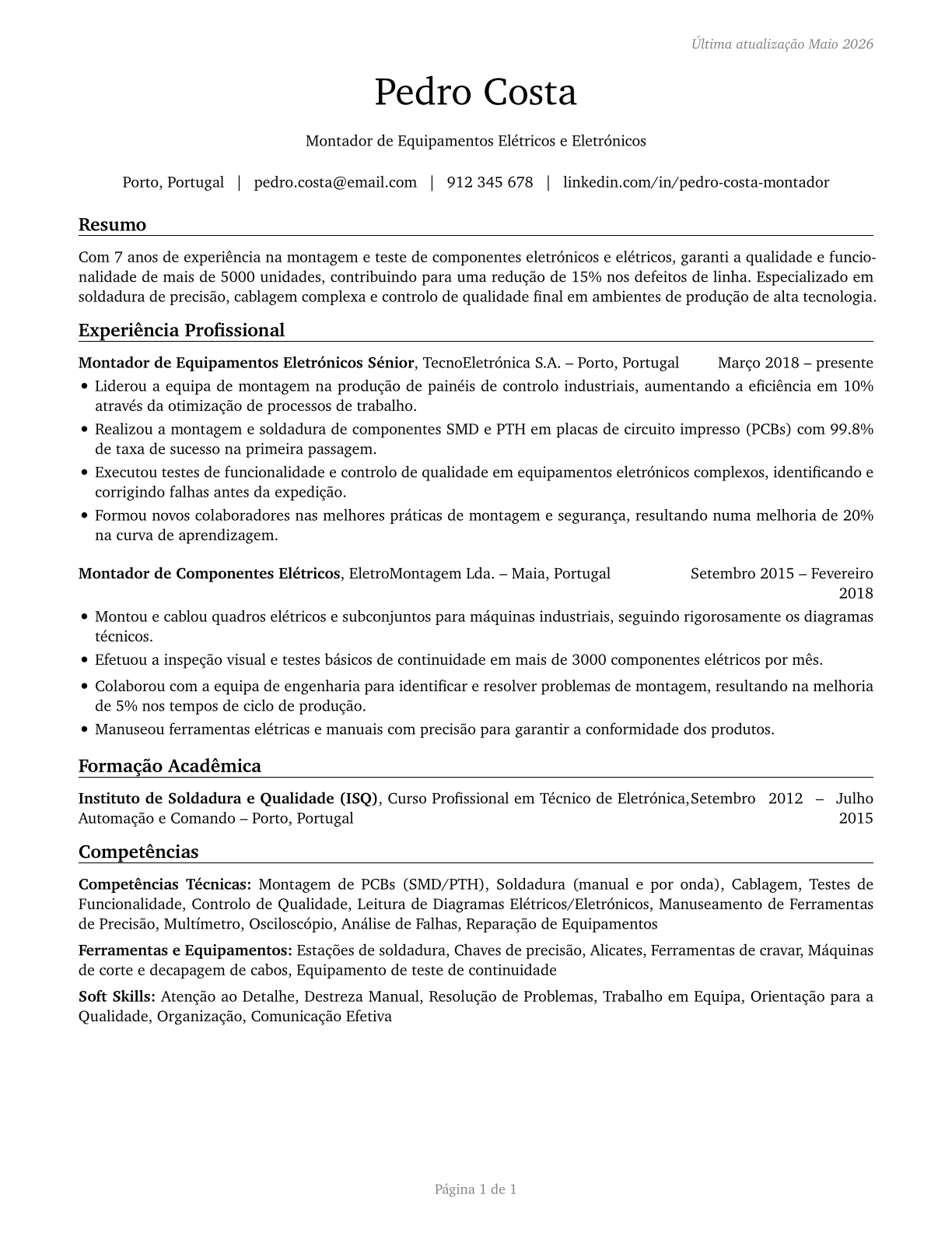 Electrical and Electronic Equipment Assemblers CV in Portuguese — page 1