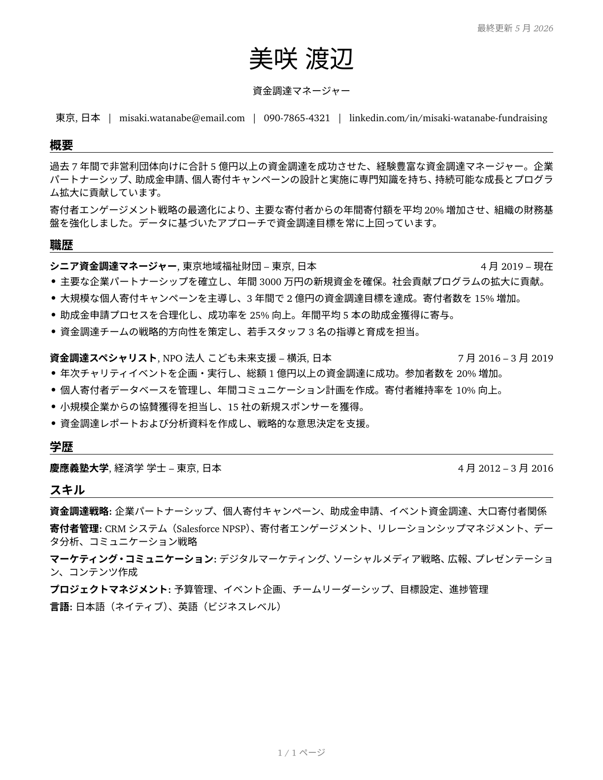 Fundraising Managers CV in Japanese — page 1