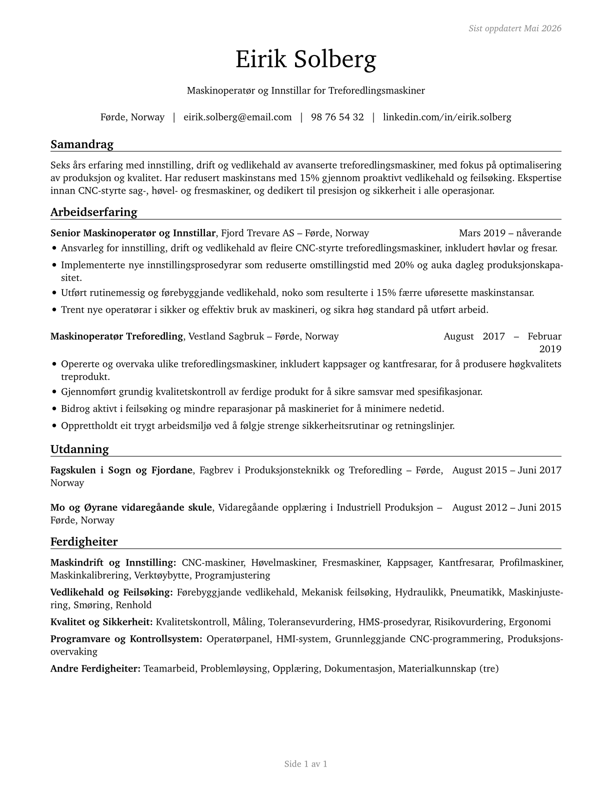 Woodworking Machine Setters, Operators, and Tenders, Except Sawing CV in Norwegian_nynorsk — page 1