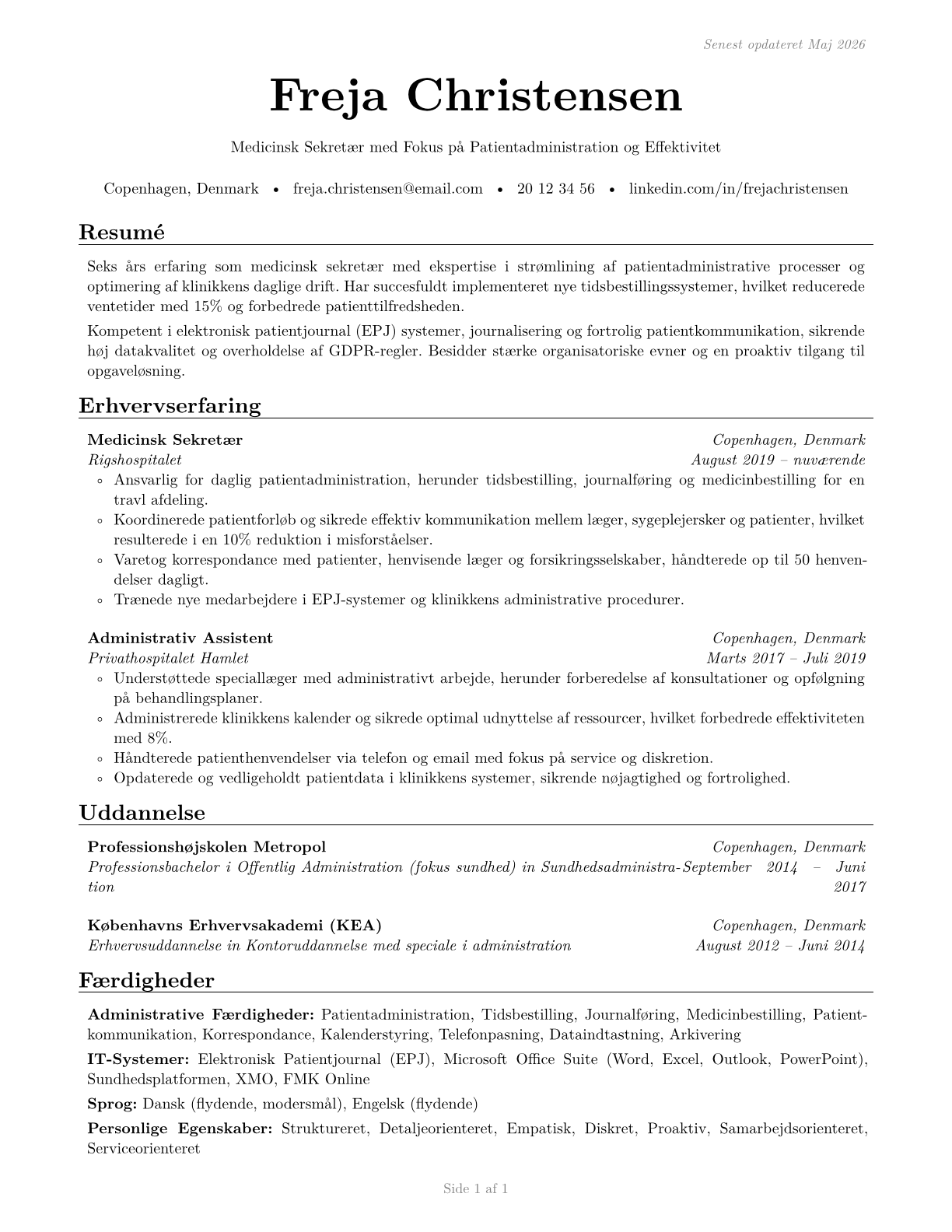 Medical Secretaries and Administrative Assistants CV in Danish — page 1