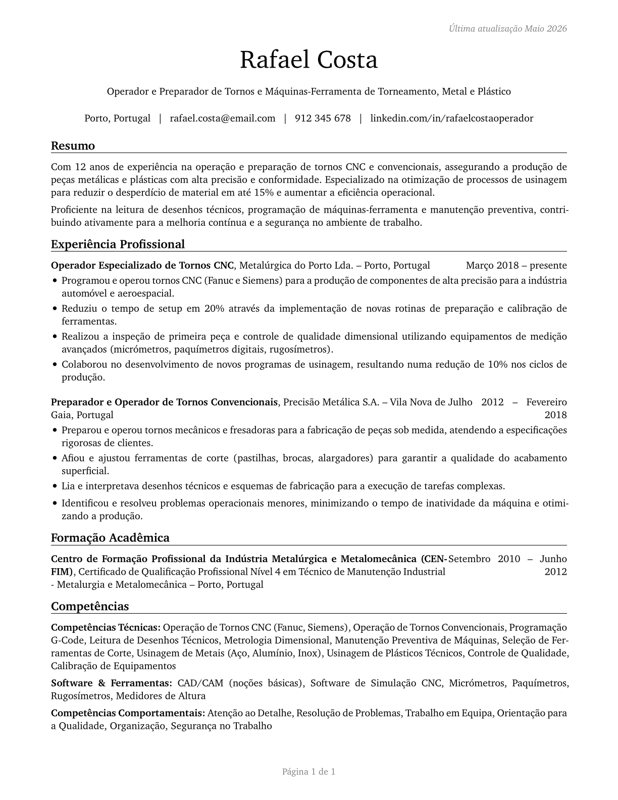 Lathe and Turning Machine Tool Setters, Operators, and Tenders, Metal and Plastic CV in Portuguese — page 1