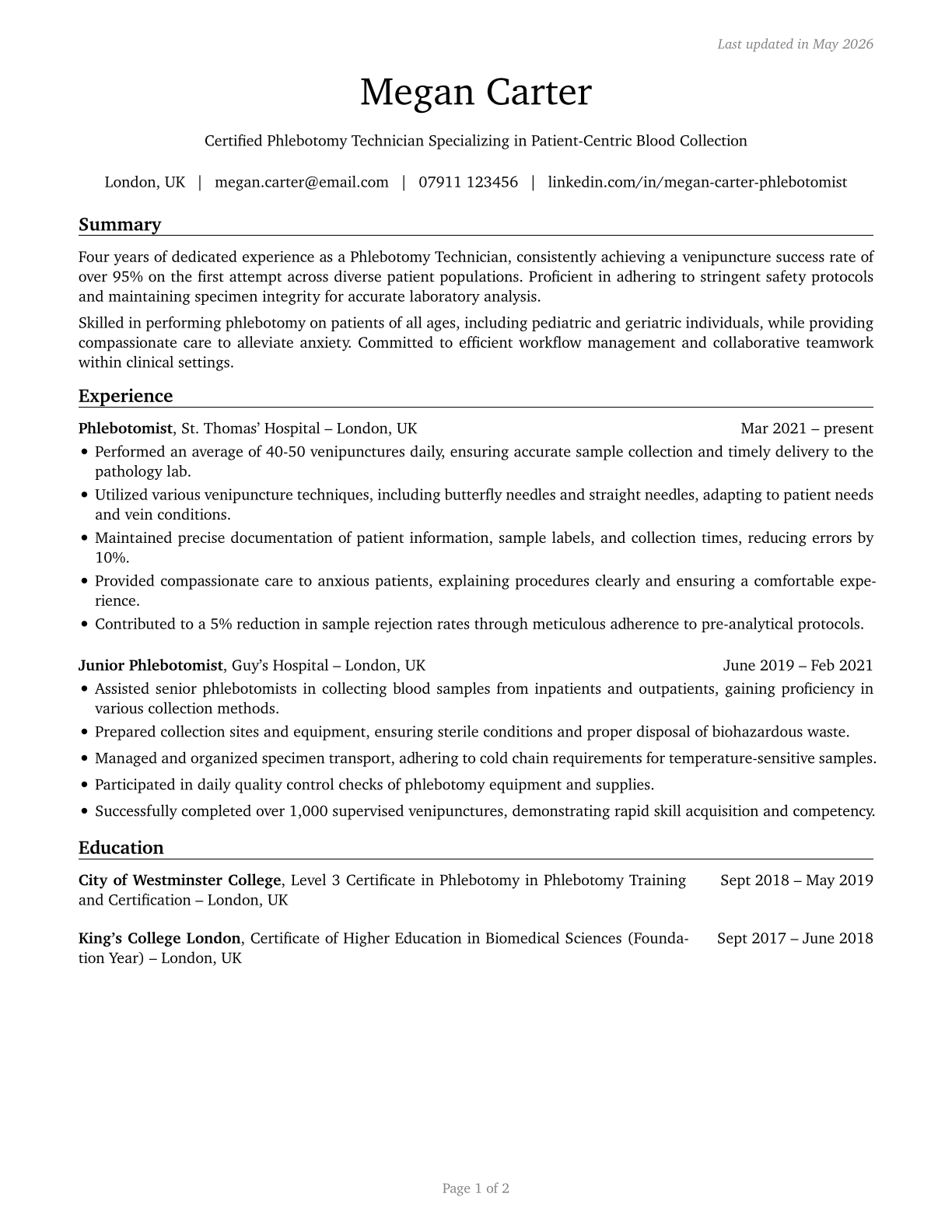 Phlebotomists CV in English — page 1