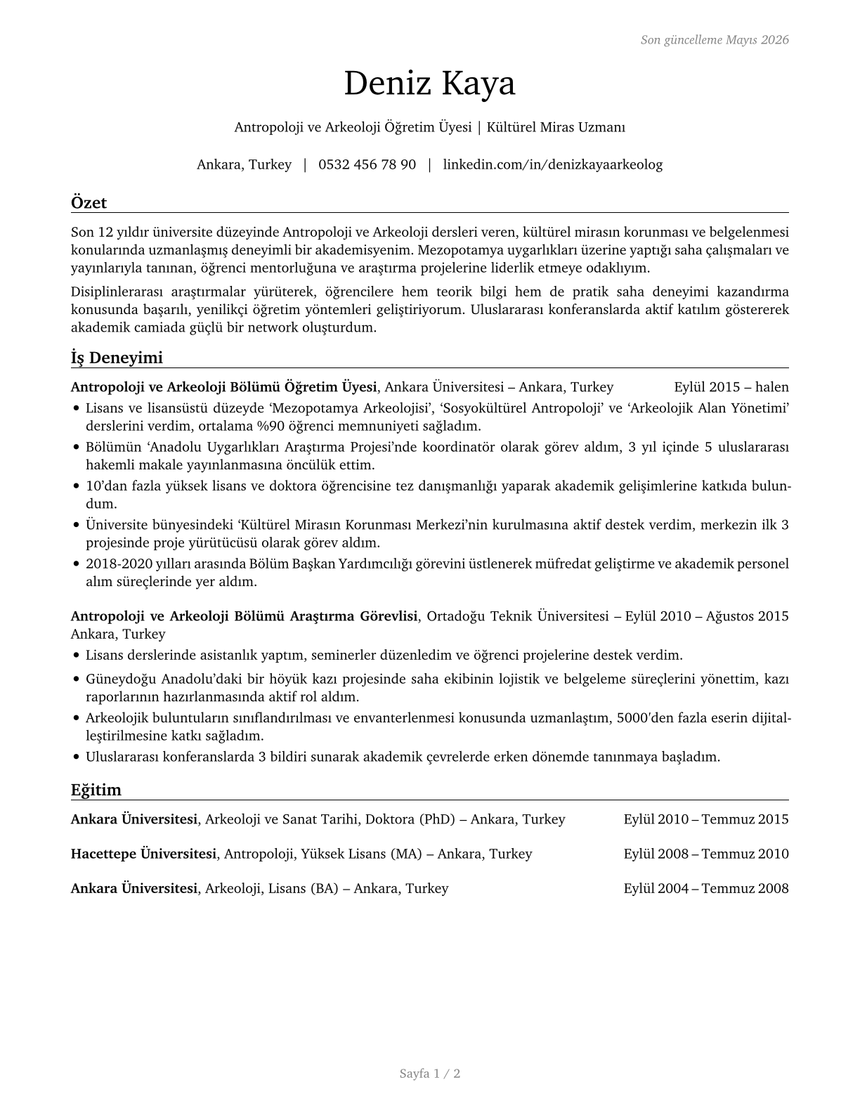 Anthropology and Archeology Teachers, Postsecondary CV in Turkish — page 1