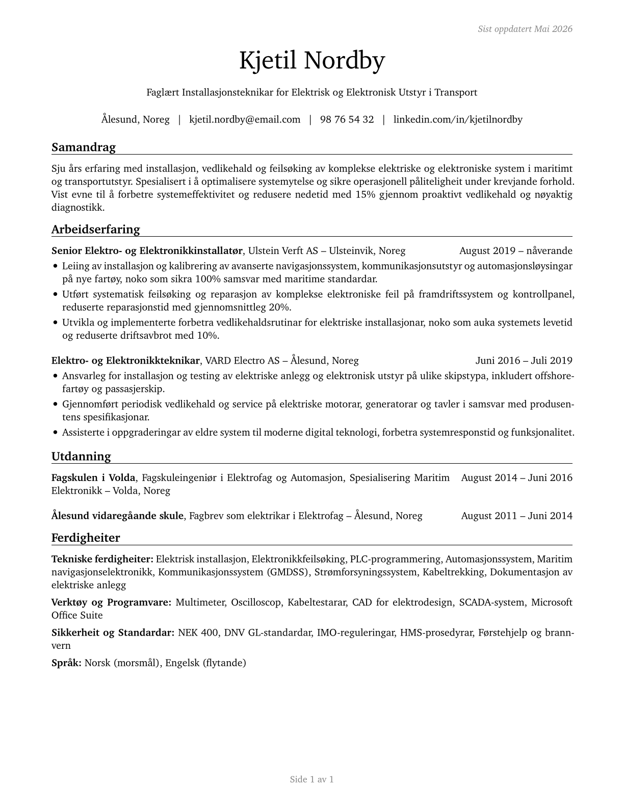 Electrical and Electronics Installers and Repairers, Transportation Equipment CV in Norwegian_nynorsk — page 1