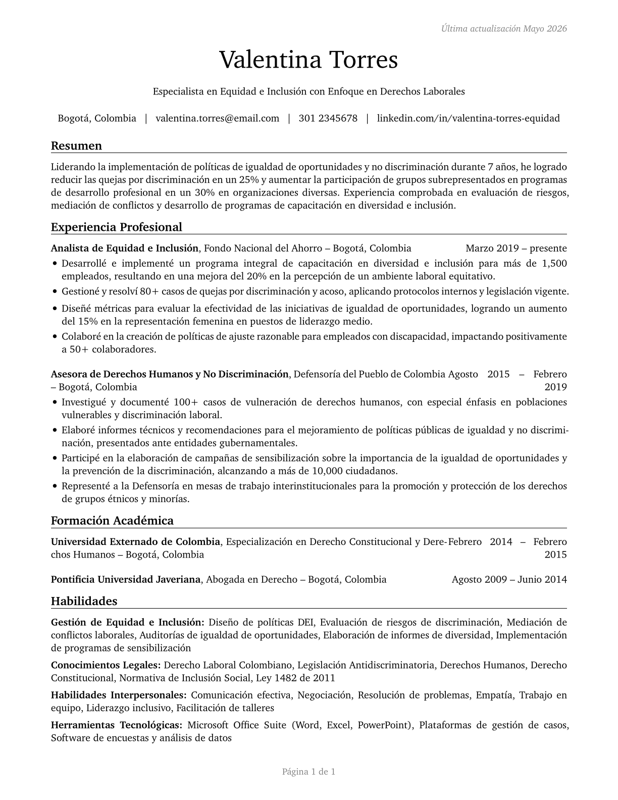 Equal Opportunity Representatives and Officers CV in Spanish — page 1