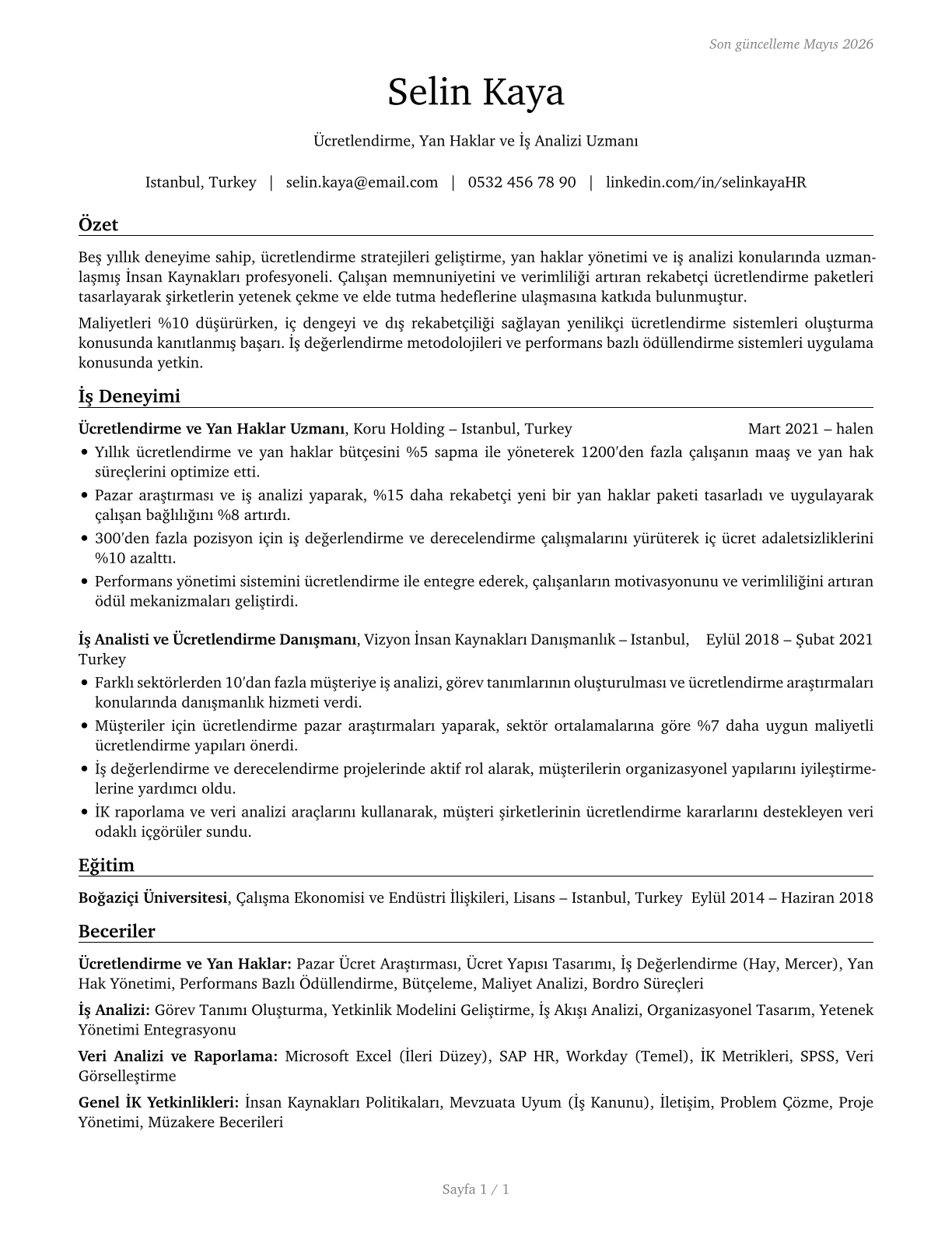 Compensation, Benefits, and Job Analysis Specialists CV in Turkish — page 1