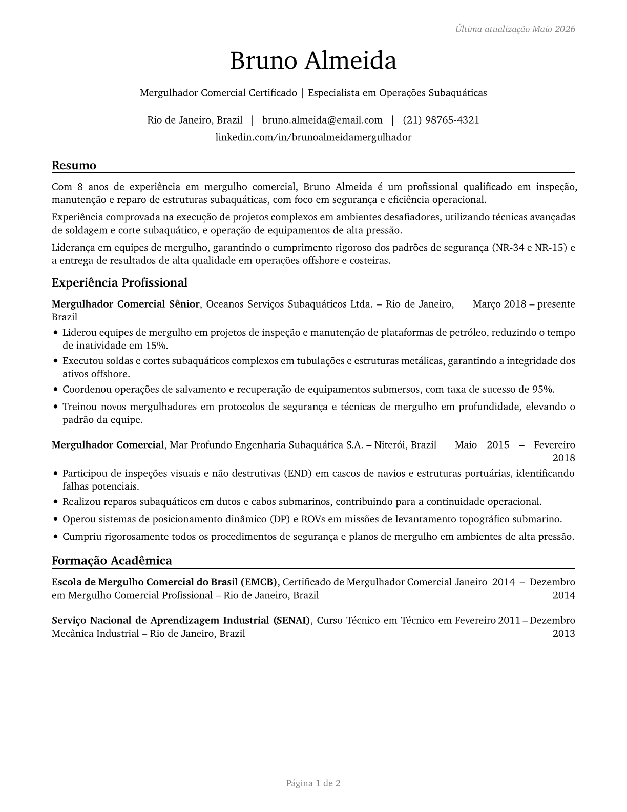 Commercial Divers CV in Portuguese — page 1