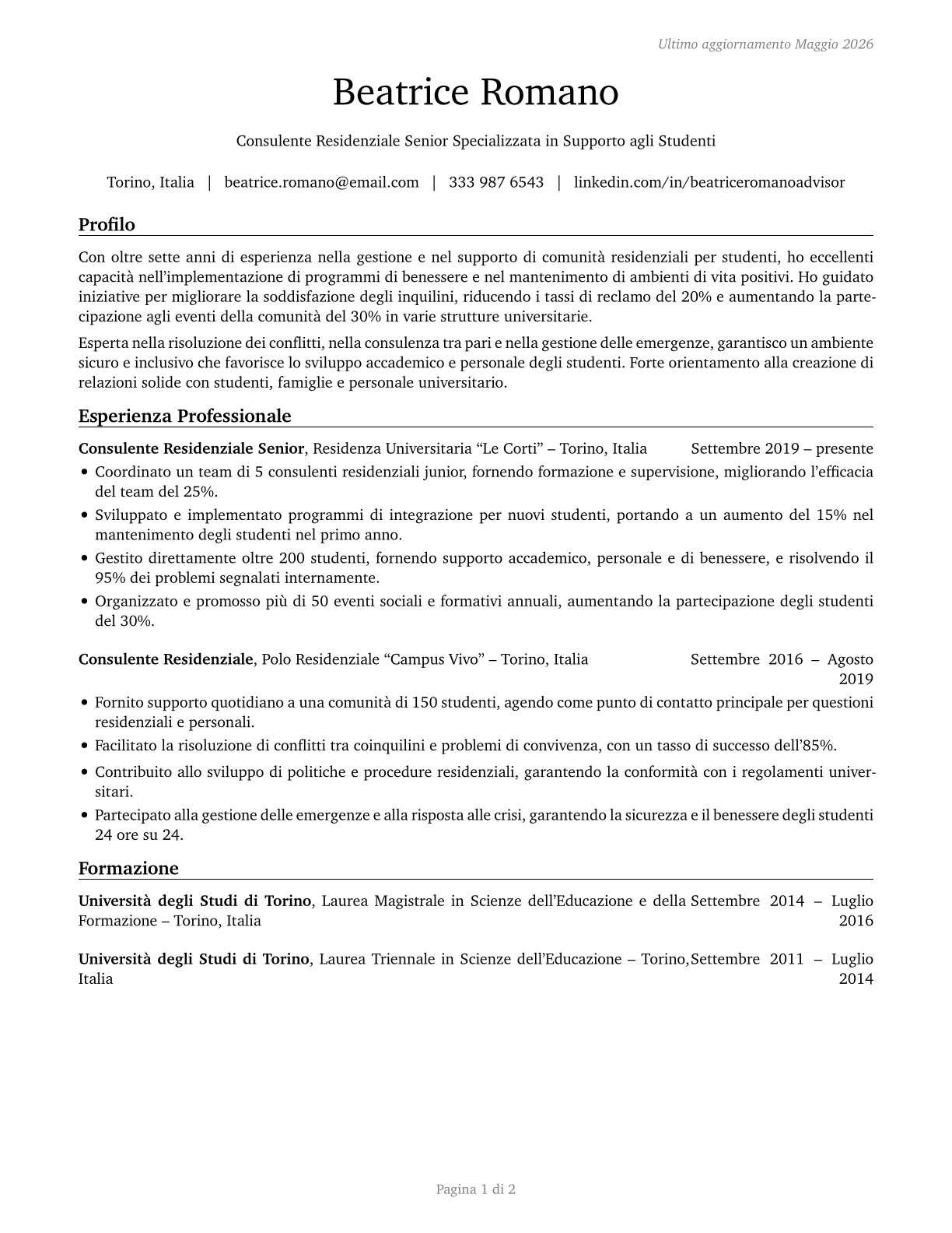 Residential Advisors CV in Italian — page 1