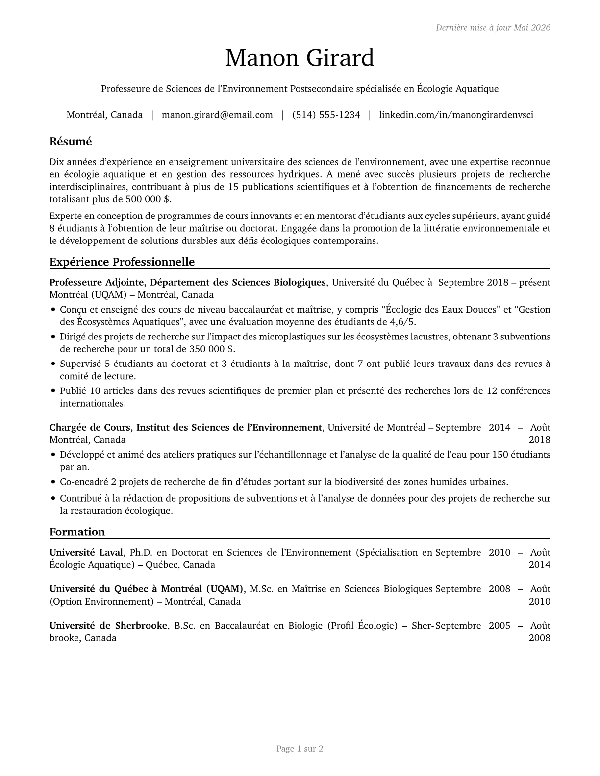 Environmental Science Teachers, Postsecondary CV in French — page 1