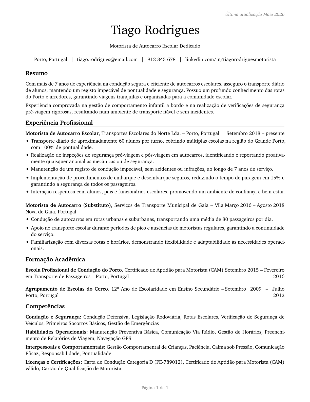 Bus Drivers, School CV in Portuguese — page 1