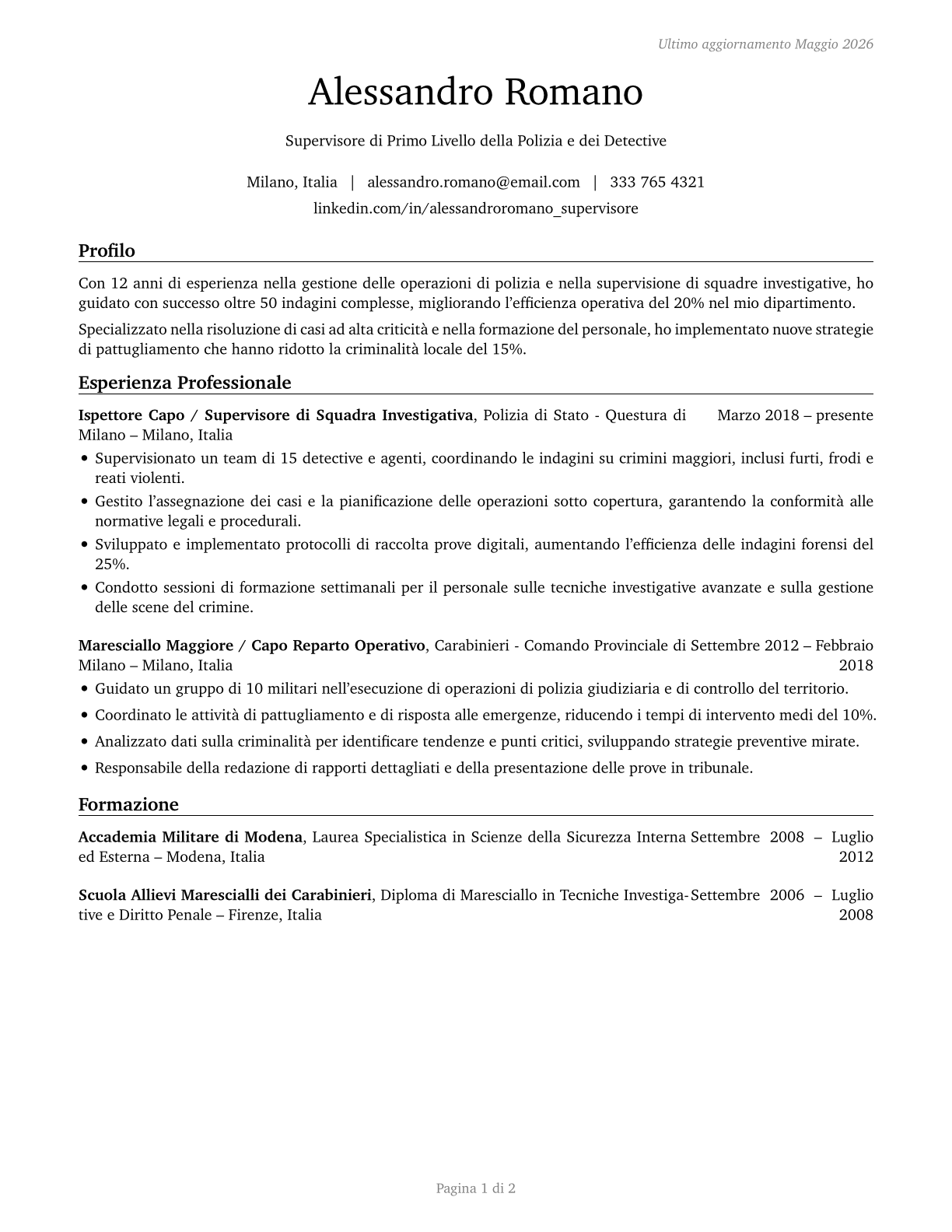 First-Line Supervisors of Police and Detectives CV in Italian — page 1