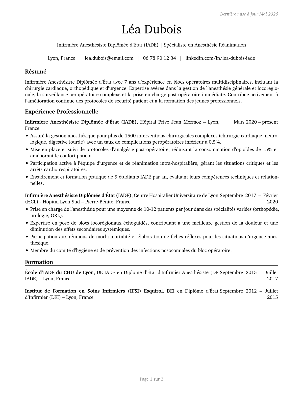 Nurse Anesthetists CV in French — page 1
