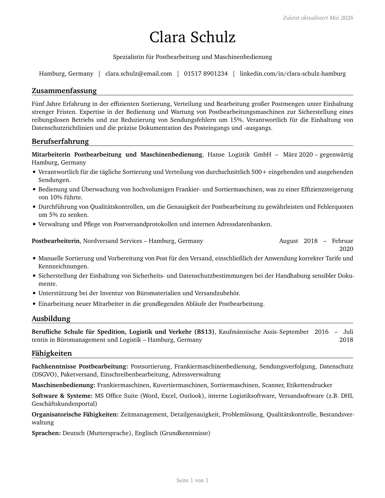 Mail Clerks and Mail Machine Operators, Except Postal Service CV in German — page 1