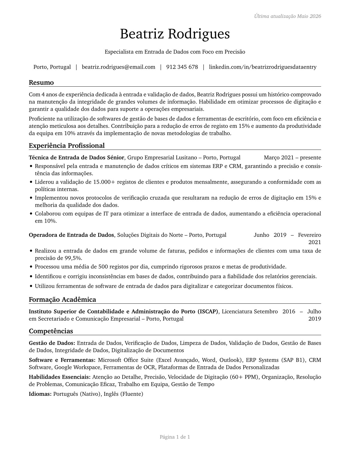 Data Entry Keyers CV in Portuguese — page 1