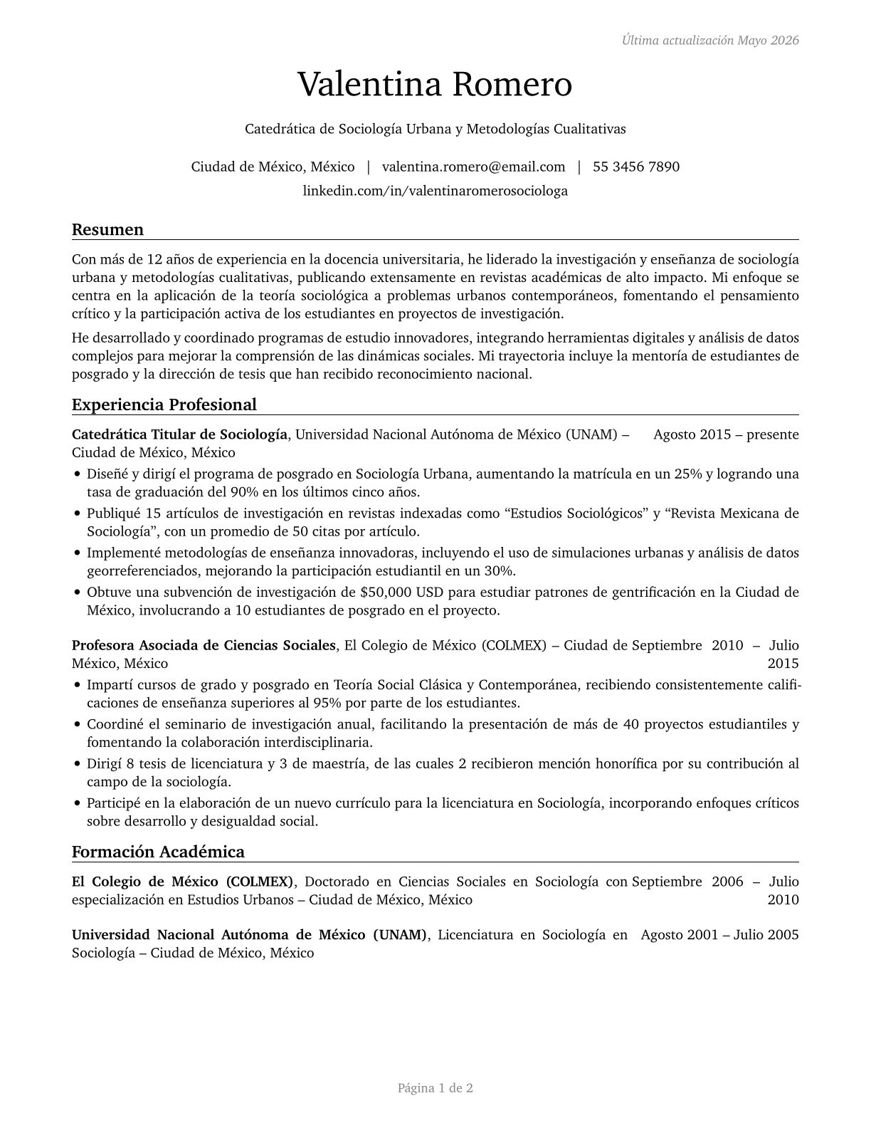 Postsecondary Teachers, All Other CV in Spanish — page 1