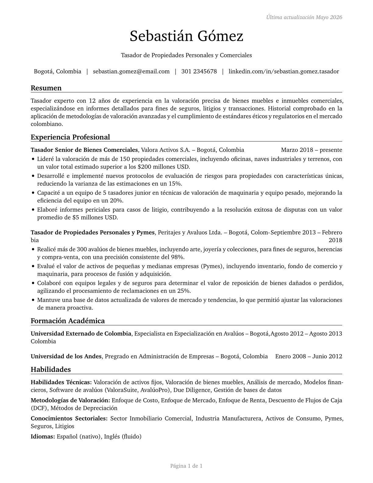 Appraisers of Personal and Business Property CV in Spanish — page 1