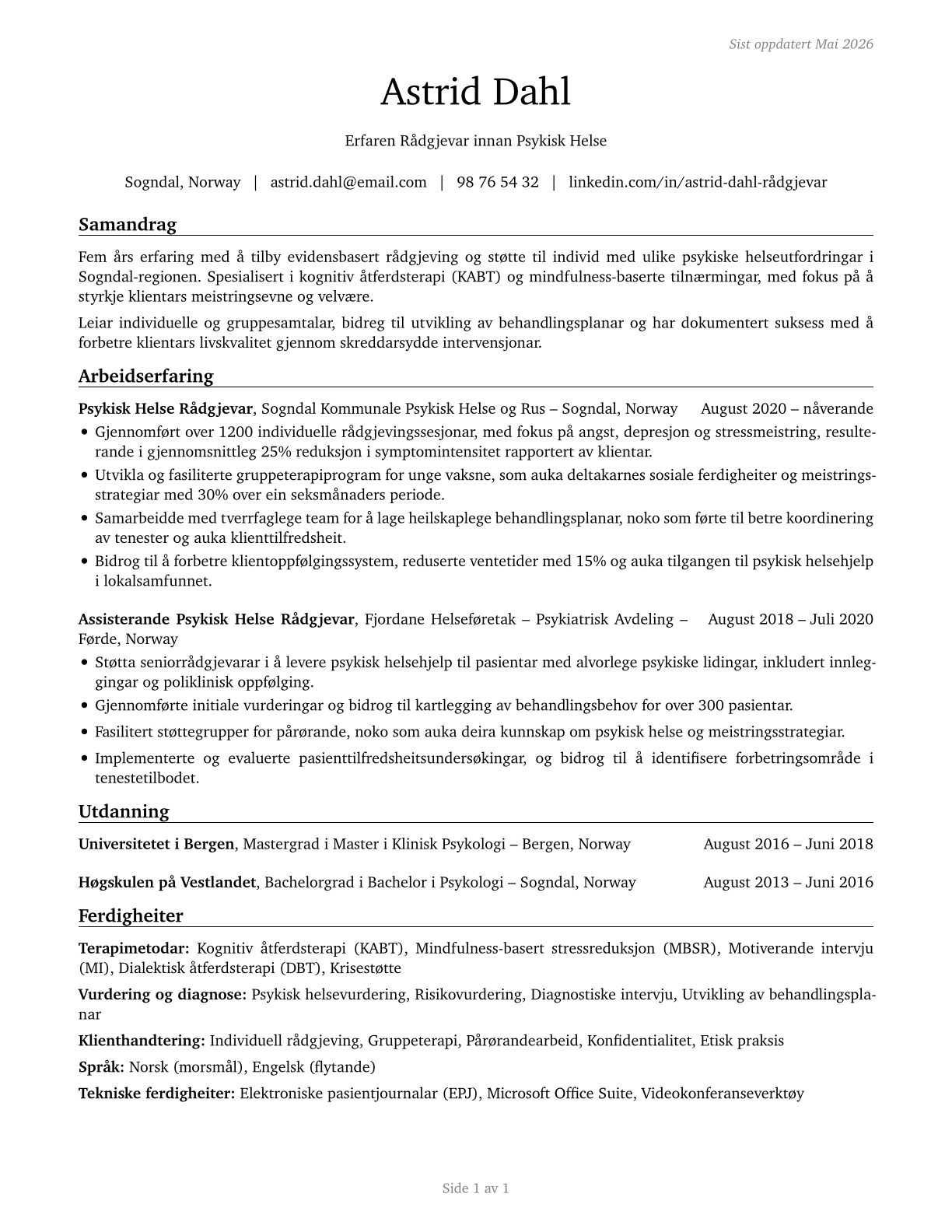 Mental Health Counselors CV in Norwegian_nynorsk — page 1